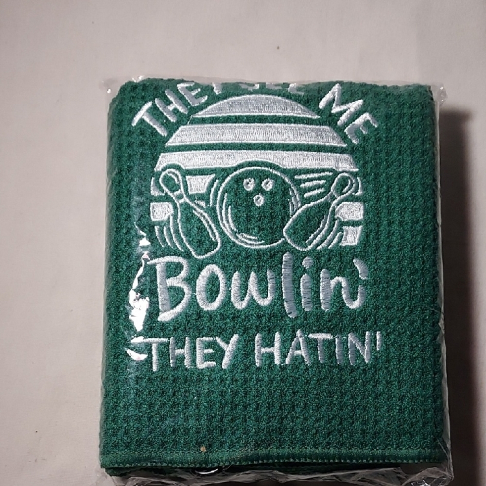 Green Terry Bowling Towel "They See Me Bowlin They Hate" Hand Towel Cleaning